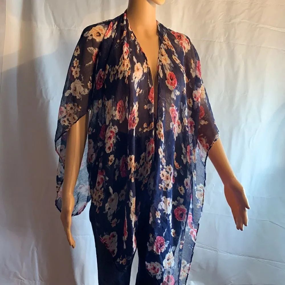 Navy Blue And Floral Print Light Scarf 100% Poly